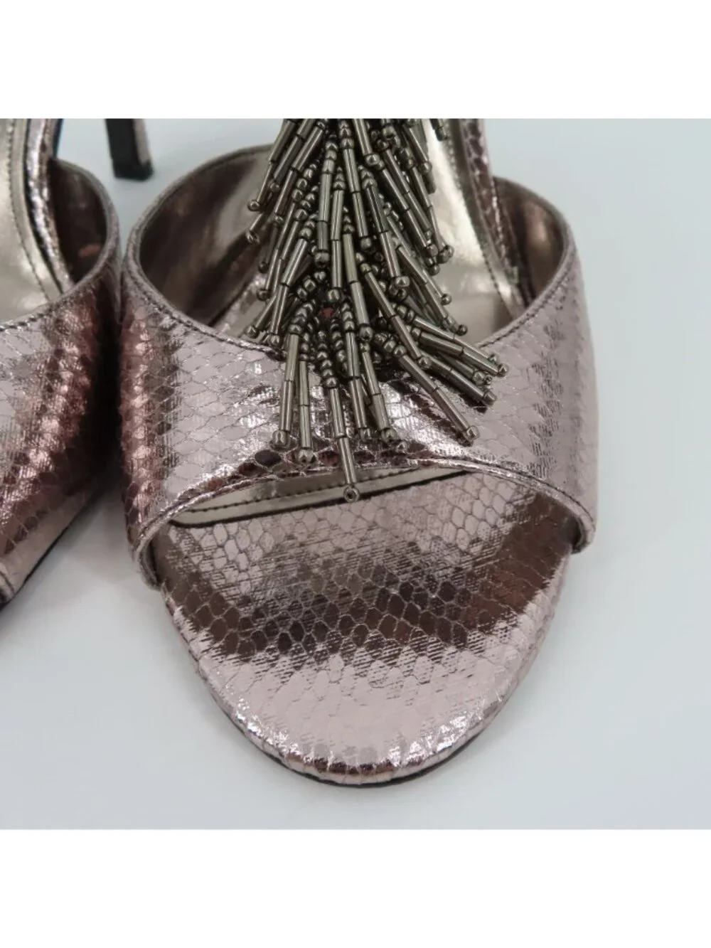 Nina Womens 9.5 M Gigler Metallic Pewter Beaded Fringe Heel Shoes Ankle Strap